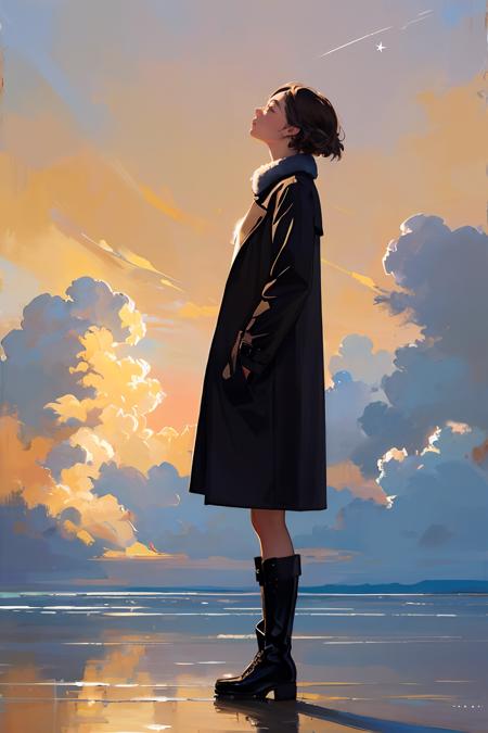 394759-3758623294-oil painting,oil painting with brushstrokes,  masterpiece,best quality,1girl, solo, looking up, short hair, sky, coat, standing,.png